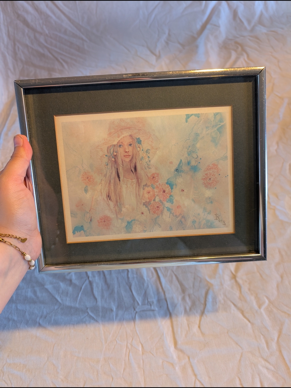 2/30$ Vintage Framed Pastel Portrait Print - Pink & Blue Hues